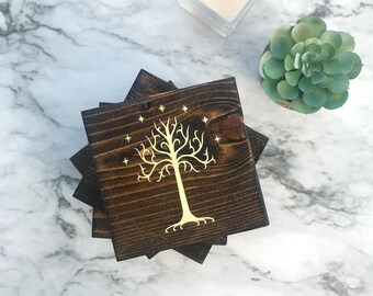 Lord of the Rings Tree of Gondor Wood Coasters, Tree of Gondor Coasters, Tree of Gondor Coaster Set, Lord of the Rings Tree of Gondor Set