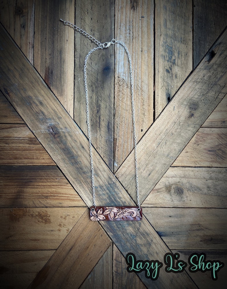 Short necklace with leather floral toolingshort necklace with floral leather pendant cowgirl jewelry western jewelry