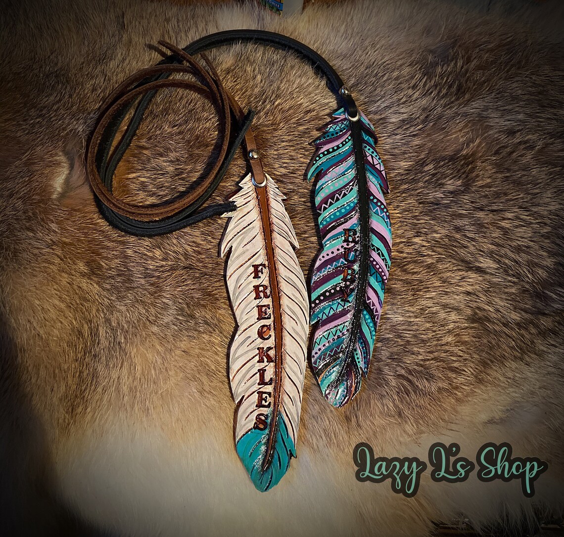 Customizable leather feather saddle charm saddle tag Id / Etsy