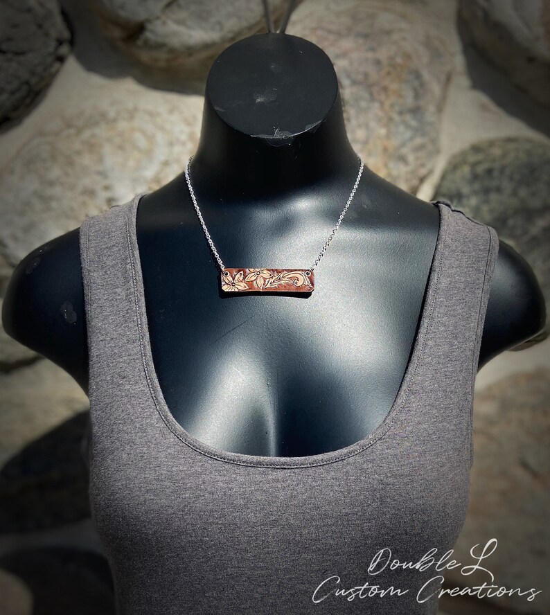 Short necklace with leather floral toolingshort necklace with floral leather pendant cowgirl jewelry western jewelry