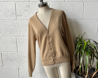 70s CHALLENGER Camel Brown Acrylic Knit V-Neck Cardigan Sweater Sz M