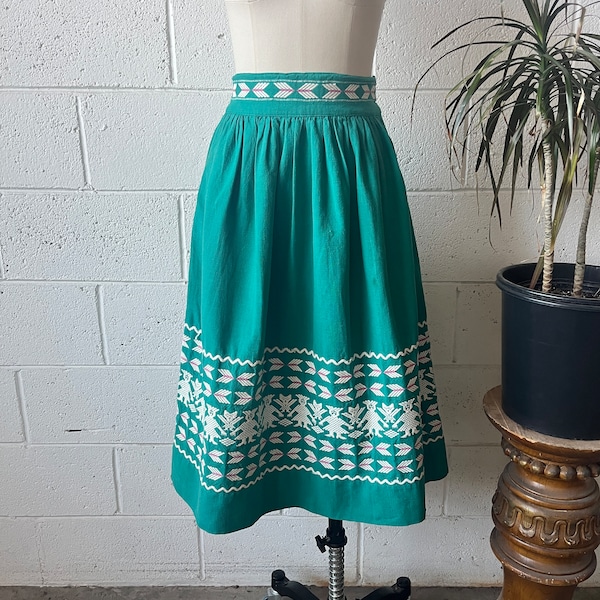 50s SOMBOL Turquoise White Pink Guatemalan Handmade Embroidered High Waisted Fit & Flare Side Zip Folk Midi Skirt 25” Waist