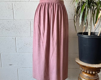 70s NARDIS OF DALLAS High Waisted Pastel Pink Faux Suede A-Line Midi Skirt 24" Waist