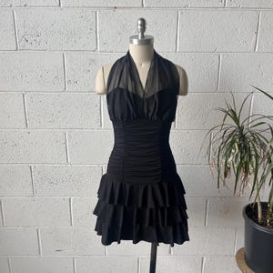 Y2K XOXO Black Halter Top Layered Look Ruched Drop Waist Tiered Skirt Mini Dress Sz S