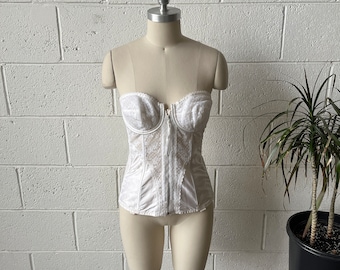 80s LADY MARLENE White Boned Underwire Zip Front Cupped Scoop Back Bustier Corset Top Sz M