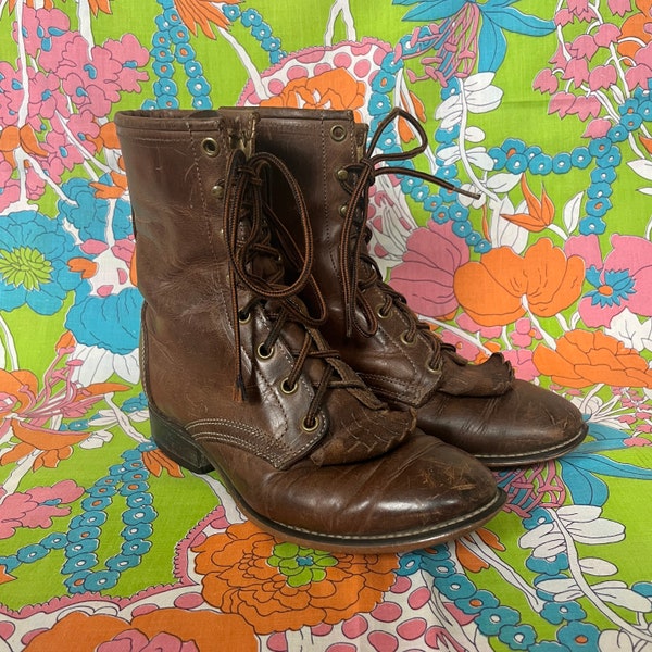 80s Vintage Chestnut Brown Leather Lace Up Kiltie Roper Cowgirl Western Boots Sz 7.5