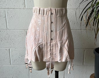 40s RENGO Pastel Baby Pink Satin Rayon Cotton Brocade Floral Lace Back Clasp Front Garter Clip Girdle Corset Sz L-XL