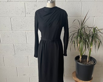 50s Vintage Black Rayon Gathered Neck Zip Sleeve Belted Pencil Midi Dress Sz S