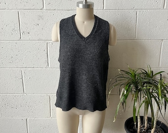 50s Vintage Charcoal Grey Wool Knit V-Neck Sweater Vest Sz S-M