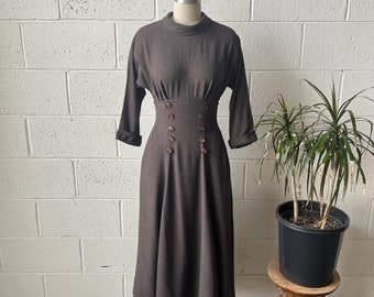 50s JOAN MILLER Juniors Taupe Brown Woven Cotton Mockneck Dolman Sleeve Tie Waist Fit & Flare Midi Dress Sz S