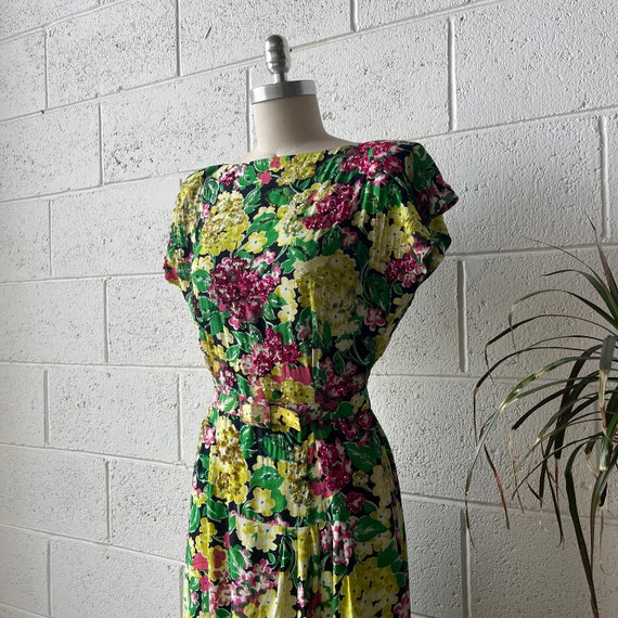 40s Vintage Pink Green Yellow Floral Rayon Sequin… - image 2