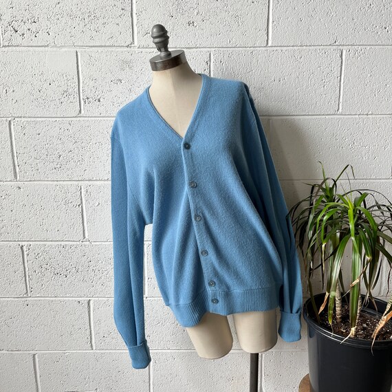 coolheatvtg 70s 80s Robert Bruce Arnold Palmer Pastel Powder Blue Alpaca Wool Knit V-Neck Cardigan Sweater Sz L