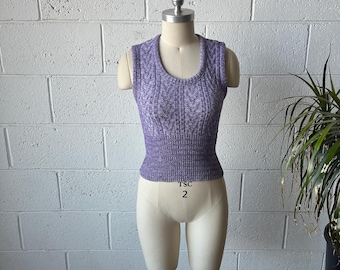 70s Vintage Purple White Marbled Acrylic Cable Knit Cropped Scoop Neck Sweater Vest Sz S