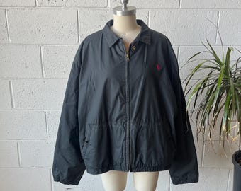 90s POLO Ralph Lauren Black Cotton Chinstrap Zip Front Fleece Lined Jacket Sz XL