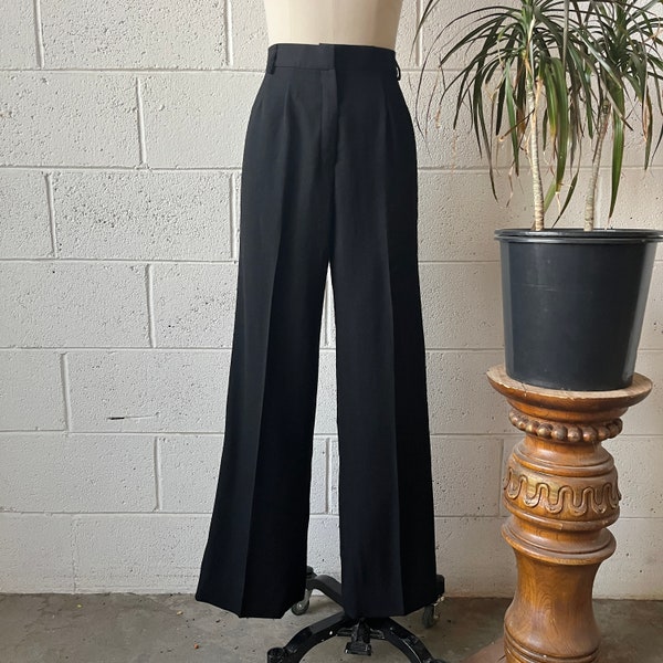 70s INTUITIONS By Kathy Manning High Waisted Black Wool Flat Front Bell Bottom Trousers 28” Waist