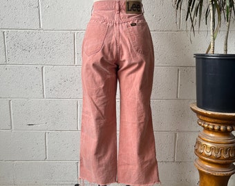 70s LEE Riders High Waisted Pastel Peach Pink Cotton Wide Leg Raw Hem Twill Pants 27" Waist