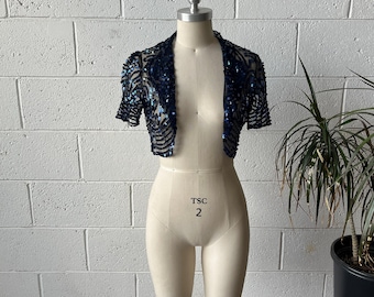 30s Vintage Black Net Mesh Blue Gelatin Sequin Collared Open Front Cropped Bolero Sz S-M