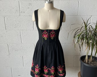 60s SALZBURGER TRACHTEN Black Green Cotton Pink Green Floral Embroidered Zip Front Fit & Flare Mini Dirndl Dress Sz S