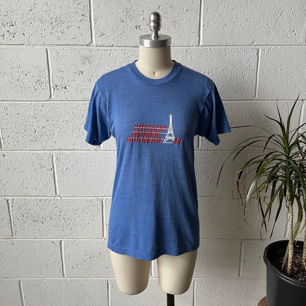 1984 Vintage Chicago Women Runners Heather Blue Single Stitch Double Sided Screen Stars T-Shirt Sz S-M