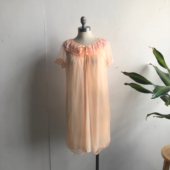 60s Vintage Orange Creamsicle Nylon White Lace Nig
