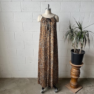 70s CATTANI Of California Black Brown Leopard Print Nylon Halter Top Keyhole Tie Neck Maxi Length Nightgown sz S-L