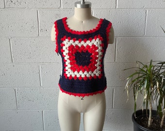 70s Vintage Red White Blue Acrylic Knit Granny Square Cropped Sweater Vest Sz S
