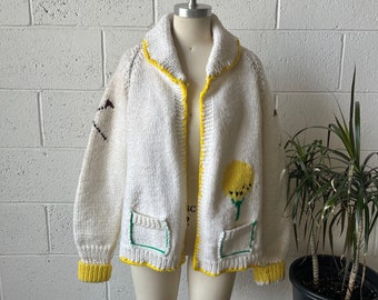 60s Vintage White Yellow Wool Golf Novelty Collared Cuffed Sleeved Pocket Cowichan Cardigan Sz M