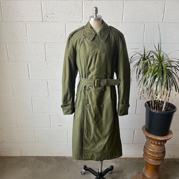 50s Vintage U.S. Military Issued Olive Green Sateen Cotton Detachable Wool Lining Belted Trench Coat Sz Small Long