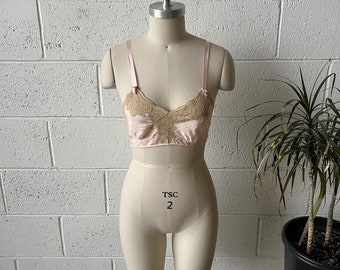 40s Vintage Pastel Pink Beige Rayon Ecru Lace Bralette Sz S/M