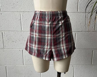 50s PENNEYS Red Green Plaid Cotton Lined Drawstring Waist Swim Shorts Sz M