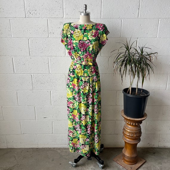 40s Vintage Pink Green Yellow Floral Rayon Sequin… - image 1