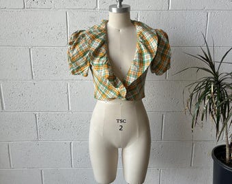 40s Vintage Green Yellow White Seersucker Plaid Cotton Ruffled Puff Sleeve Cropped Bolero Wrap Top Sz S-M