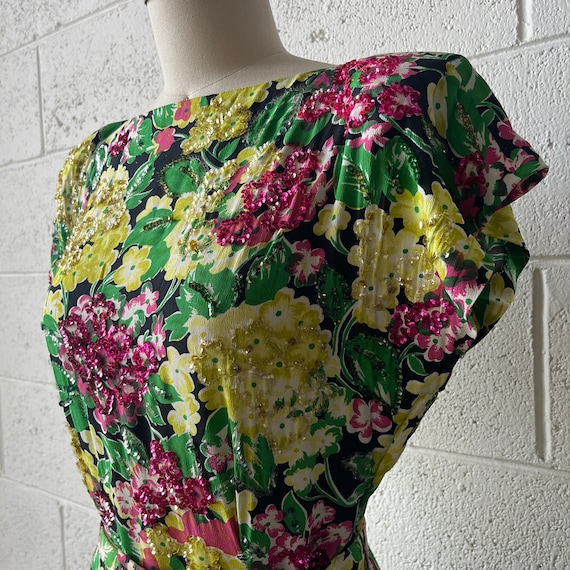 40s Vintage Pink Green Yellow Floral Rayon Sequin… - image 3