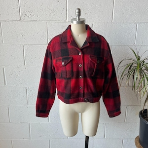 90s ERIKA & CO Red Black Plaid Wool Blend Boxy Cropped Button Front Shacket Sz M-L