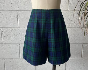 60-tals vintage högmidjade marinblå vintergröna rutiga ull A-linjeshorts 64 cm midja