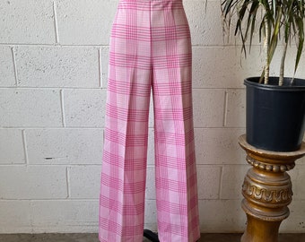 70s SEARS High Waisted Pastel Pink Plaid Pattered Polyester Pull On Bell Bottom Pants Sz M