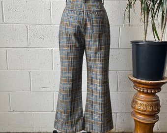 60s Vintage Blue Gold Plaid Twill Woven Cotton High Waisted Kick Flare Cropped Pants