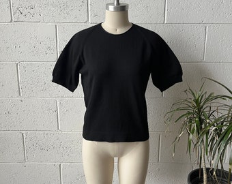 60s COLTALIA Made In Italy Black Wool Knit Crewneck Short Sleeve Cropped Sweater Sz M-L