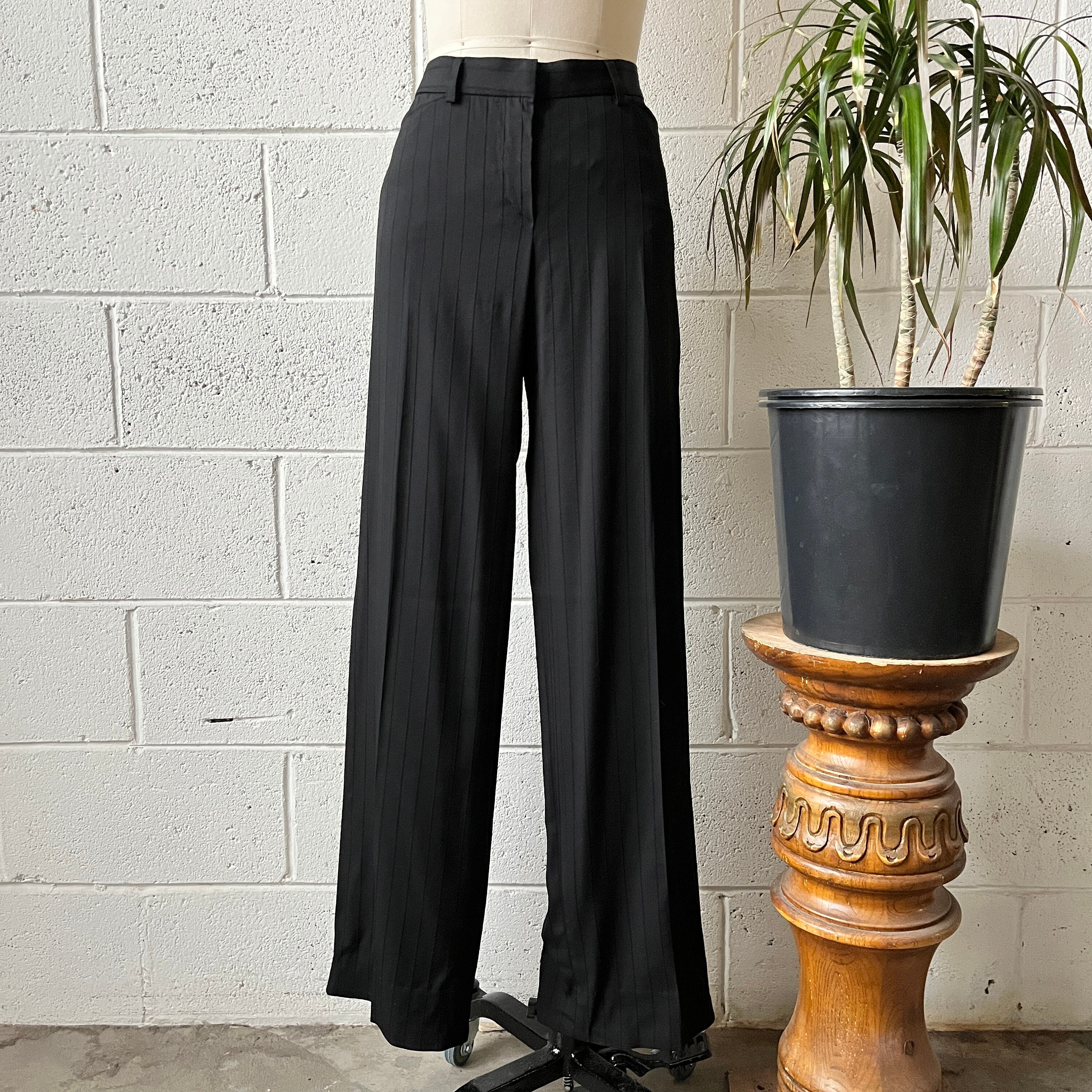 90s EMPORIO ARMANI Mid Rise Black Pintuck Striped Wide Leg 