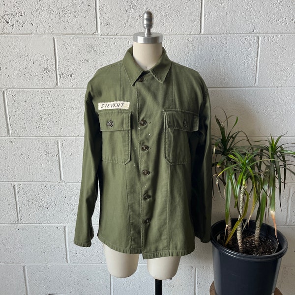 50s Vintage OG-107 Olive Green Sateen Cotton U.S. Army Uniform Field Shirt Sz S