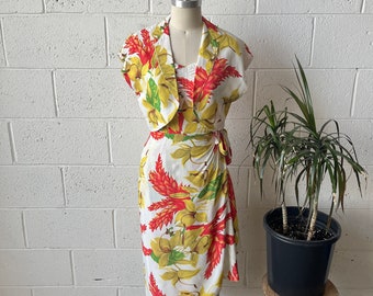 40s SURFRIDERS SPORTSWEAR 2pc Cold Rayon Coral Green Floral Hawaiian Strapless Boned Bustier Sarong Dress Bolero Matching Set Sz XS