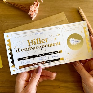 Billet d'embarquement à Gratter Voyage Surprise - Cadeau Personnalisable Annonce Destination - Anniversaire/ EVJF / Mariage - Or & blanc