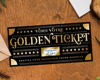 Golden ticket à gratter Carte Cadeau Surprise Personnalisable - Anniversaire, EVJF, Retraite, Cadeau Couple, Annonce - Design Or et Noir