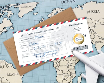 Carte à Gratter Annonce Voyage Surprise - Carte d'Embarquement Cadeau à Offrir - Billet d'avion Personnalisable - Bon voyage - Modèle blanc