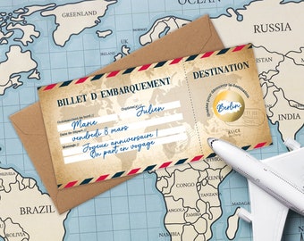 Carte à Gratter Annonce Voyage Surprise - Carte Embarquement Cadeau à Offrir - Billet d'avion Personnalisable - Bon voyage - Modèle vintage