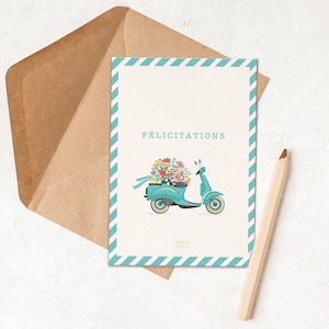 Carte Félicitations Mariage - Voeux Cérémonie - Design Vespa Vintage Bleu - Enveloppe kraft incluse
