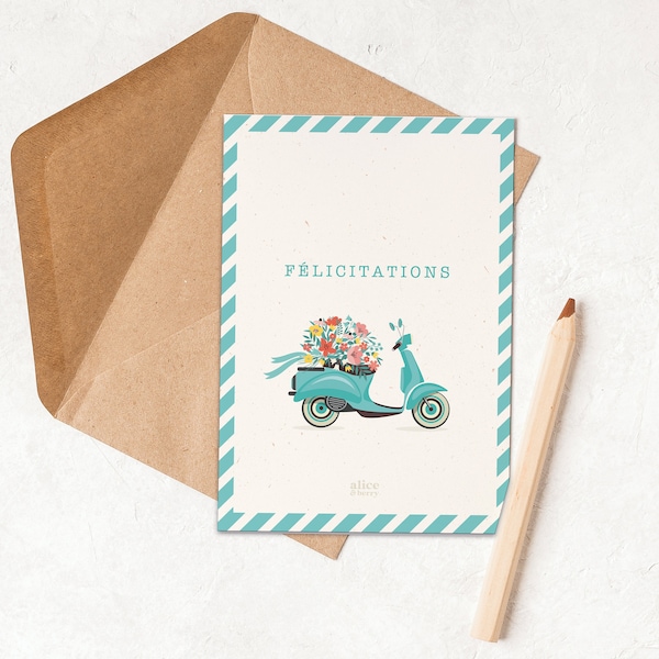 Carte Félicitations Mariages et Cérémonies Voeux - Design Vintage Vespa - Format A6 - Papier épais 350g - Enveloppe kraft incluse