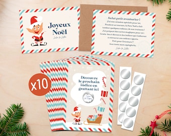 Kit de 10 Cartes Chasse au Trésor de Noël à Gratter - Jeu de Piste Lutin Farçeur - Personnalisable à la Main - Enfants 5-11 ans