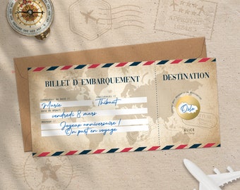 Carte à Gratter Annonce Voyage Surprise - Carte Embarquement Cadeau à Offrir - Billet d'avion Personnalisable - Bon voyage - Modèle vintage