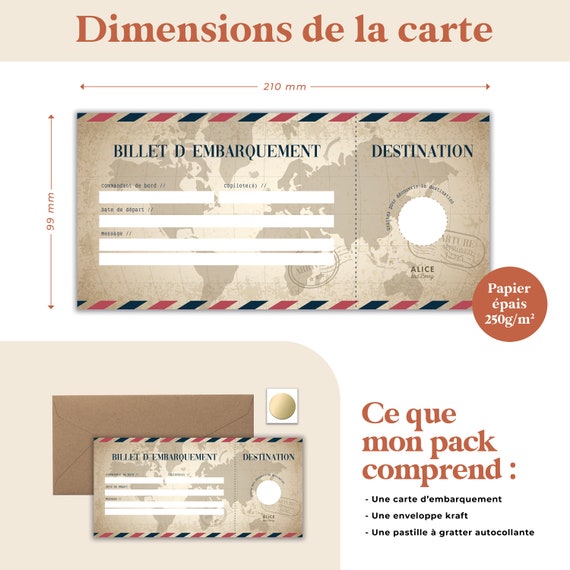 Carte à gratter voyage surprise - Carte embarquement personnalisable à  offrir - Billet avion annonce cadeau - Carte anniversaire voyage surprise -  En français - Modèle blanc : : Fournitures de bureau